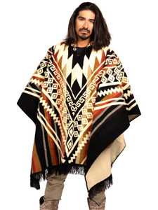Alpaca Wool Poncho, Aztec Pattern Hooded, Handmade in Ecuador