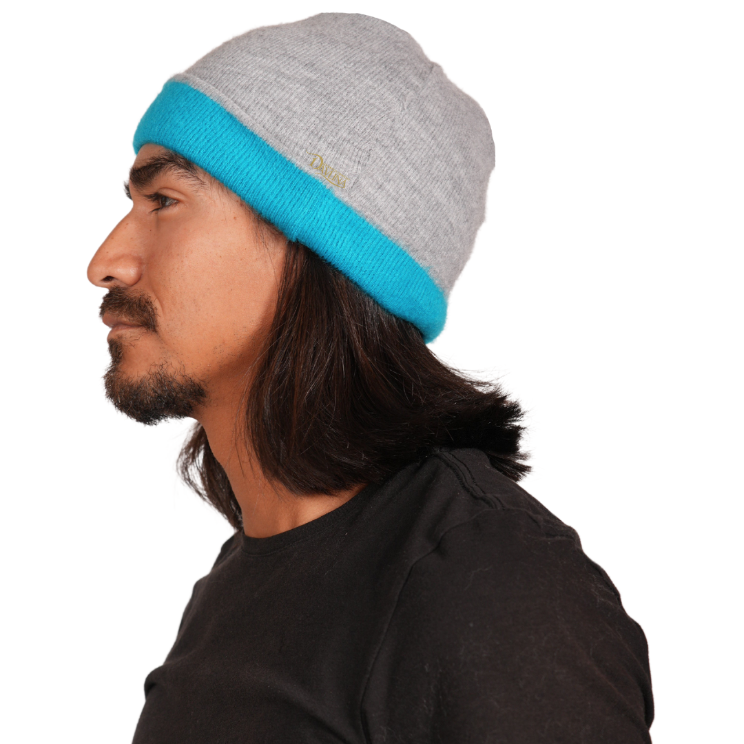 REVERSIBLE Alpaca Wool Brushed Beanie. Blue/Gray