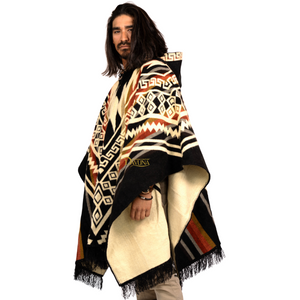 Alpaca Wool Poncho, Aztec Pattern Hooded, Handmade in Ecuador