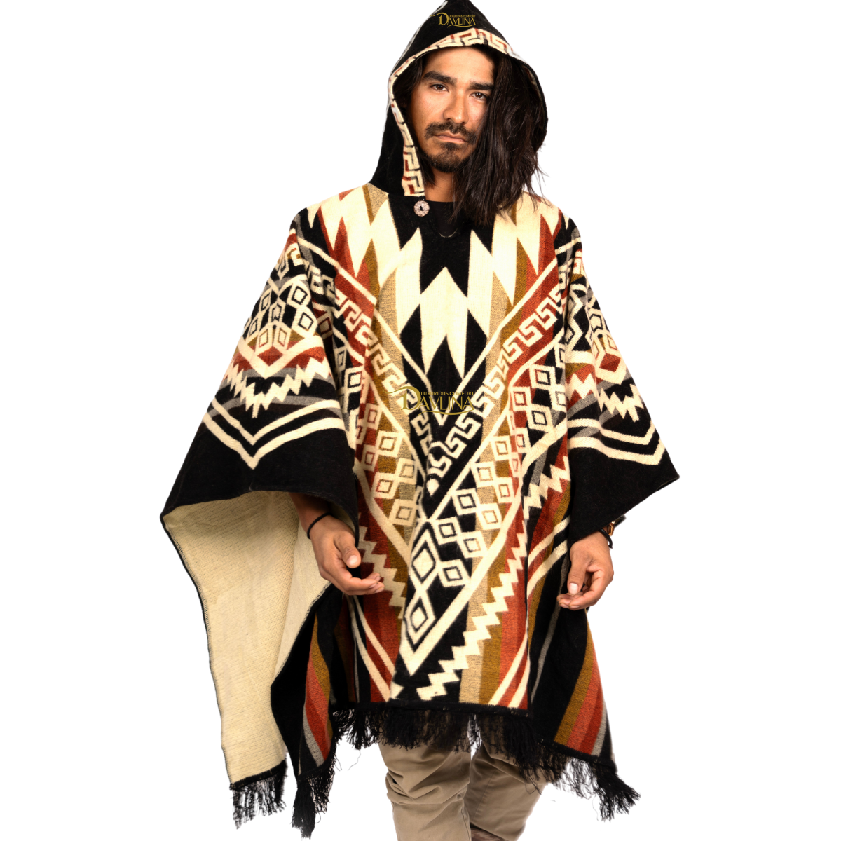Alpaca Wool Poncho, Aztec Pattern Hooded, Handmade in Ecuador – DAVLINA