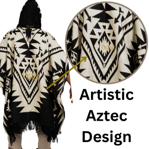 Alpaca Wool Poncho, Aztec Pattern, Hooded, Handmade in Ecuador - Black And White