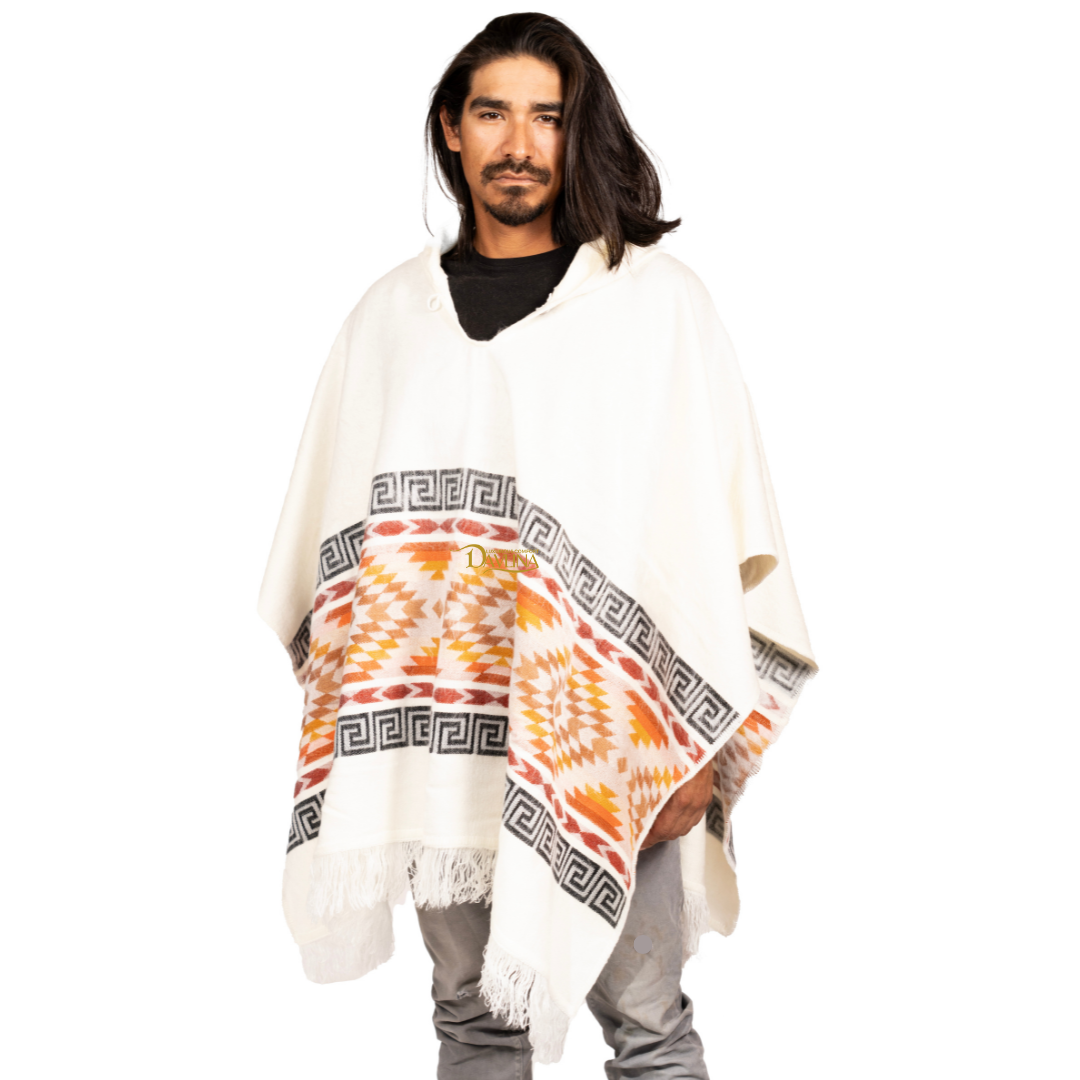 Alpaca Wool Poncho Hooded - Lightweight, handmade in Ecuador - White