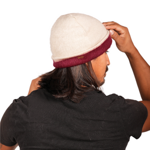 REVERSIBLE Alpaca Wool Brushed Beanie. Burgundy/Cream