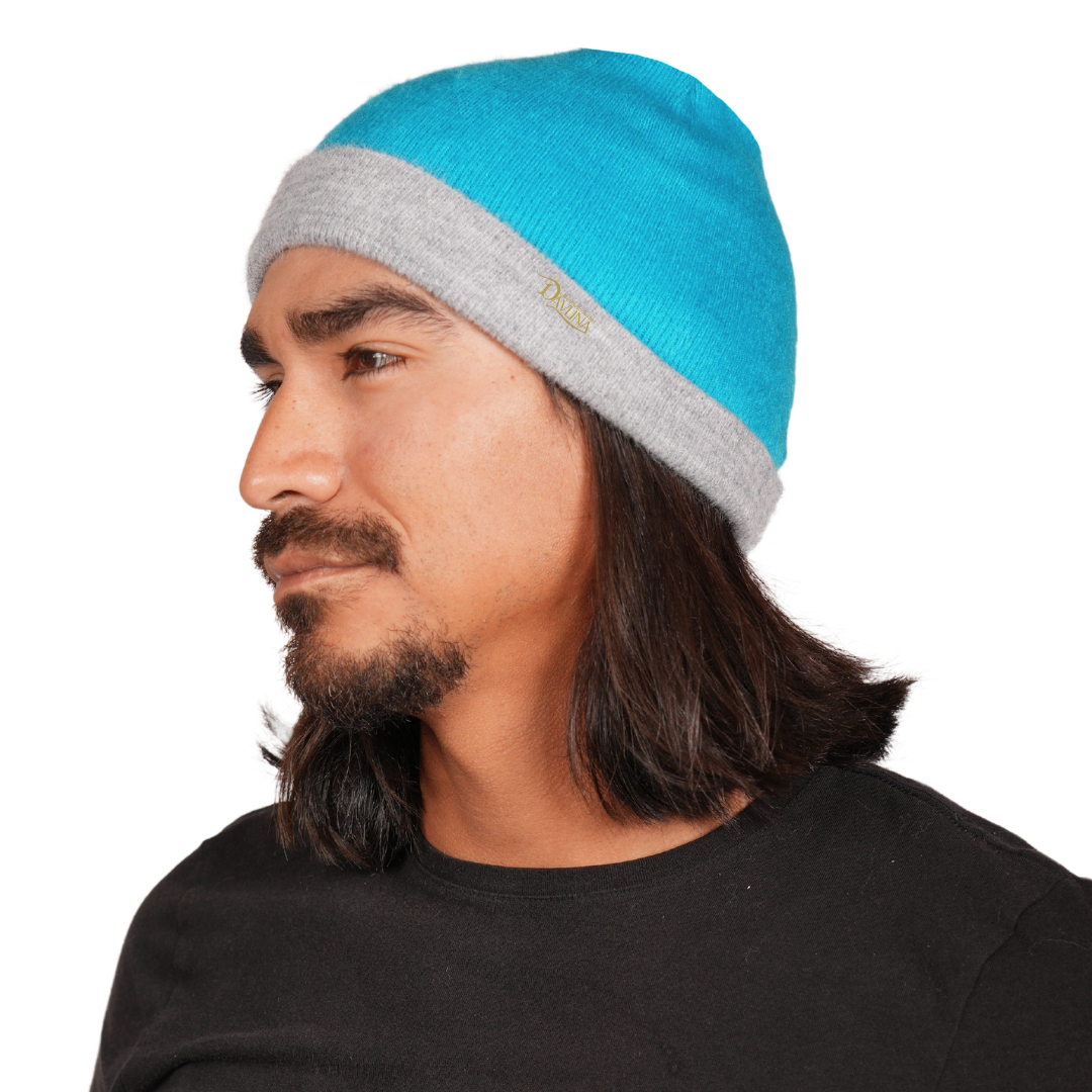 REVERSIBLE Alpaca Wool Brushed Beanie. Blue/Gray