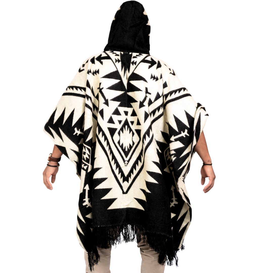 Aztec Rug Poncho Alpaca Wool Poncho, Aztec Pattern, Hooded, Handmade in Ecuador - Black ...