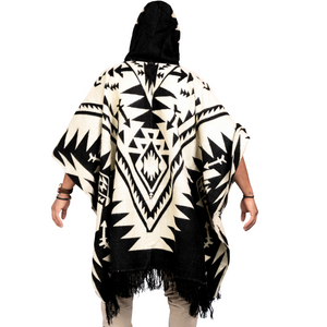 Alpaca Wool Poncho, Aztec Pattern, Hooded, Handmade in Ecuador - Black And White