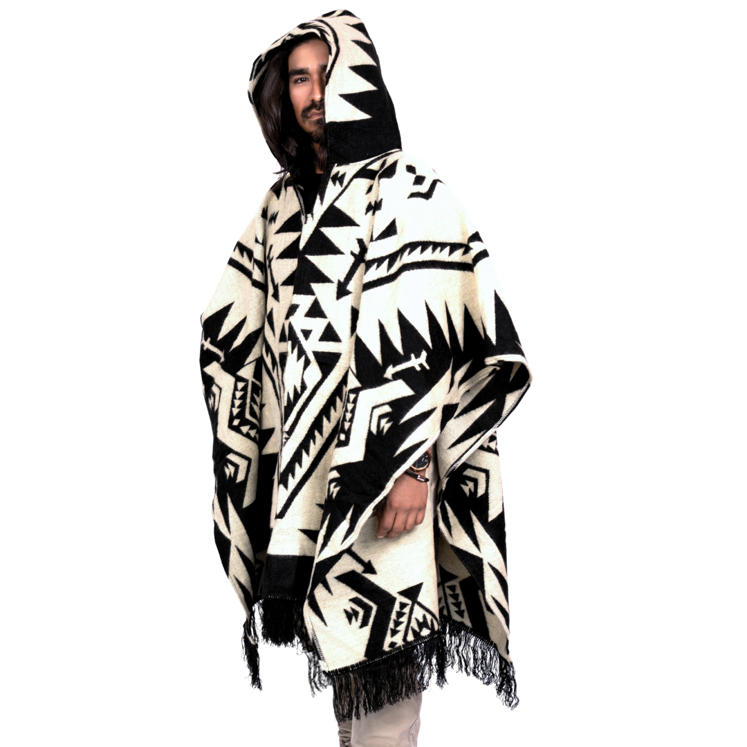 Aztec Rug Poncho Alpaca Wool Poncho, Aztec Pattern, Hooded, Handmade in Ecuador - Black ...