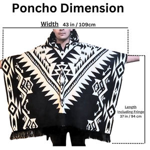 Alpaca Wool Poncho, Aztec Pattern, Hooded, Handmade in Ecuador - Black And White