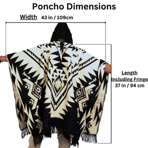 Alpaca Wool Poncho, Aztec Pattern, Hooded, Handmade in Ecuador - Black And White