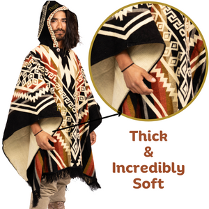 Alpaca Wool Poncho, Aztec Pattern Hooded, Handmade in Ecuador