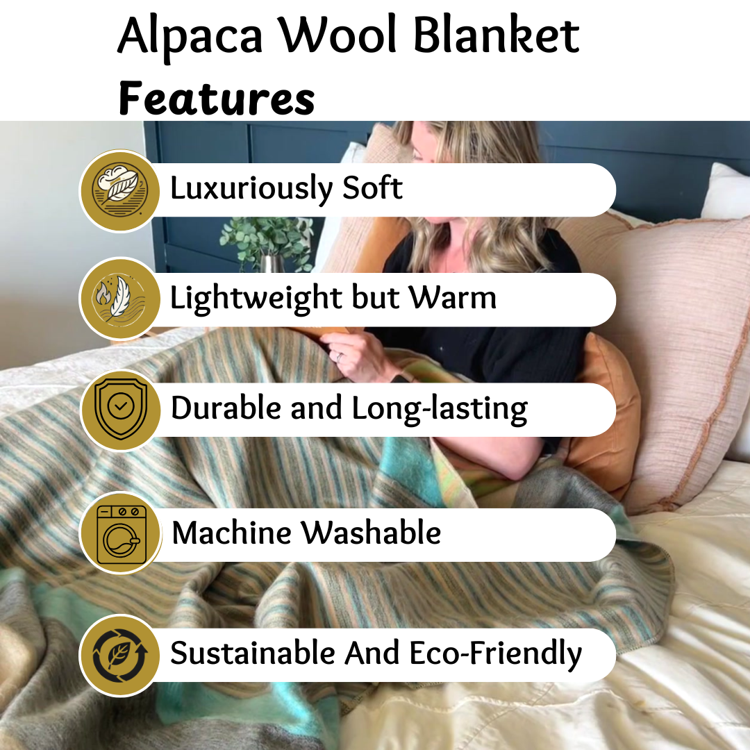 Alpaca Wool Blanket (95"x67"), Light Weight, Soft and Warm - Green Gray Varicolored