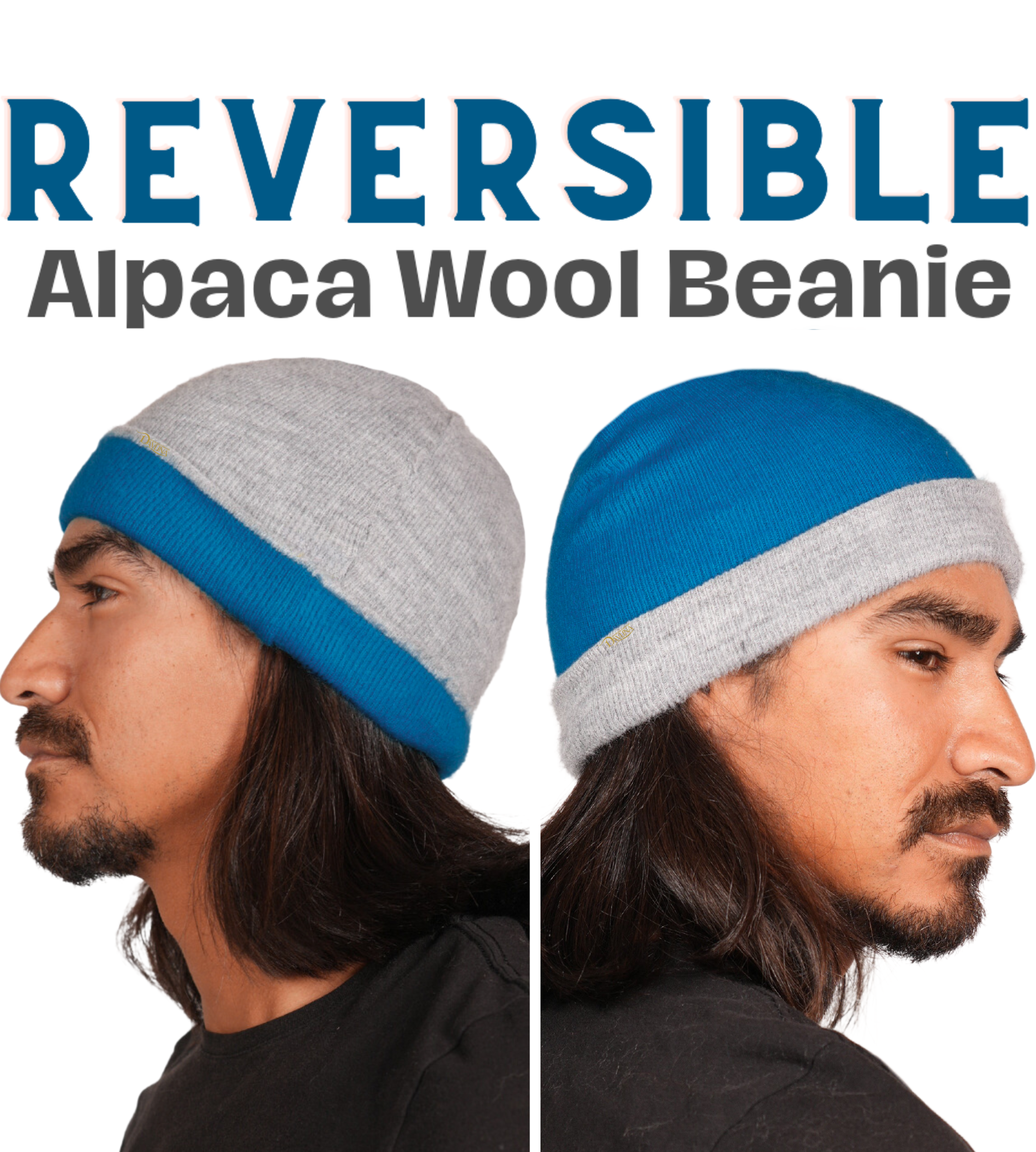 REVERSIBLE Alpaca Wool Brushed Beanie. Blue/Gray