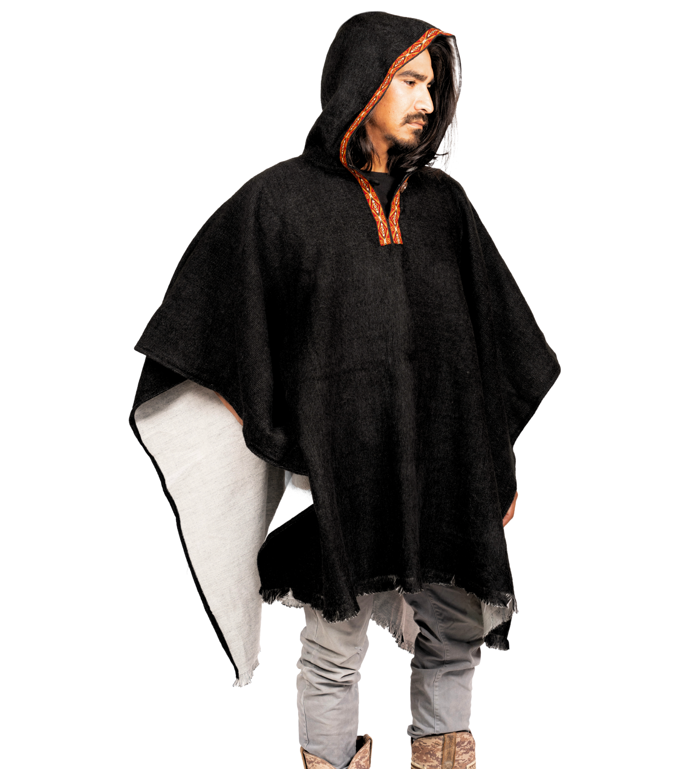 ALPACA Wool Poncho: Solid Black - Thick and Hooded , Unique and Handmade in Ecuador.