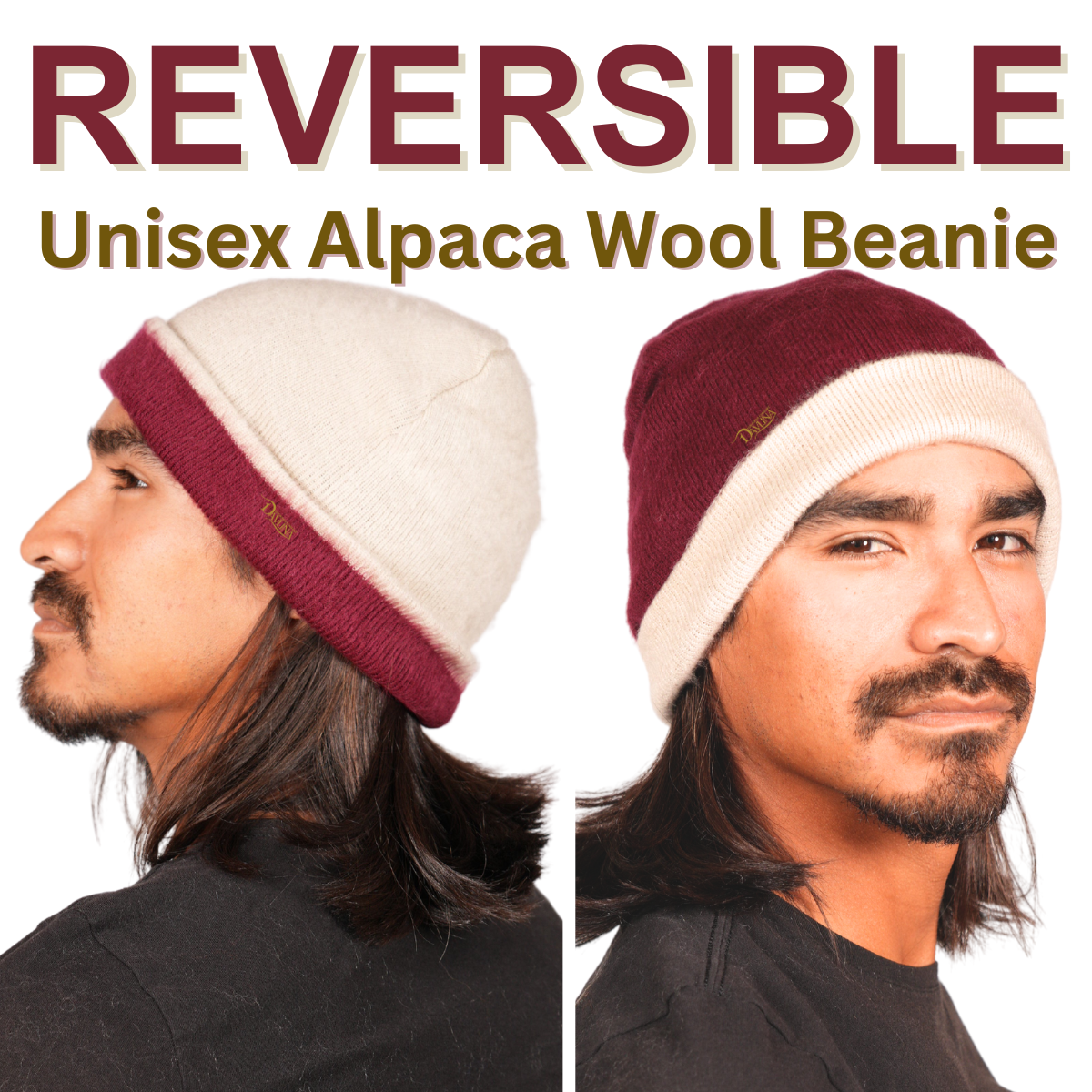 REVERSIBLE Alpaca Wool Brushed Beanie. Burgundy/Cream