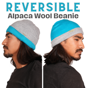 REVERSIBLE Alpaca Wool Brushed Beanie. Blue/Gray