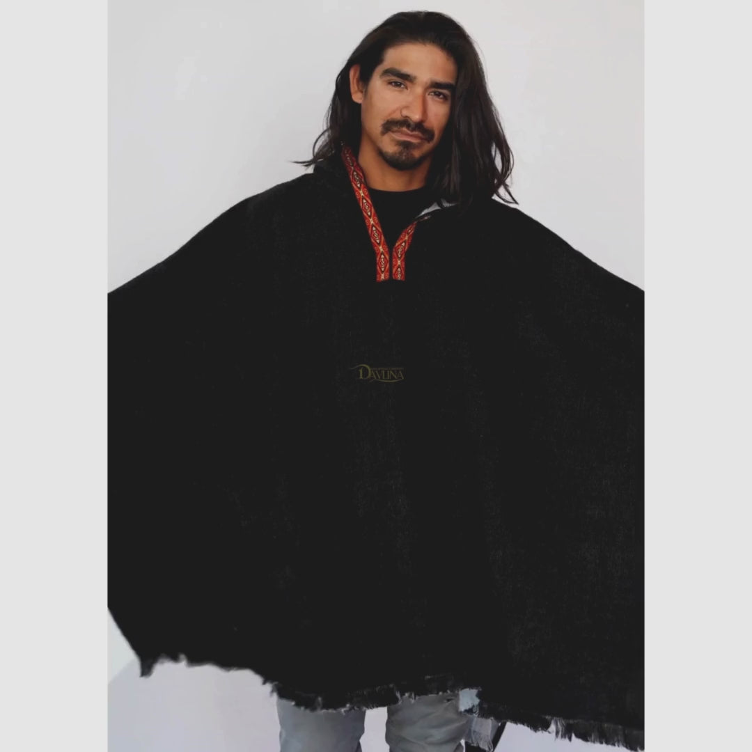 ALPACA Wool Poncho: Solid Black - Thick and Hooded , Unique and Handmade in Ecuador.