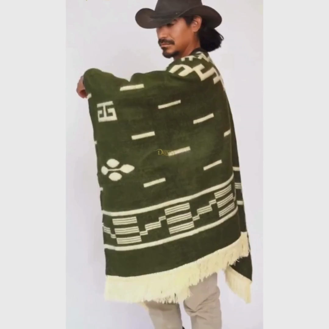 Iconic Western Film Inspired Alpaca Wool Poncho - Olive Green