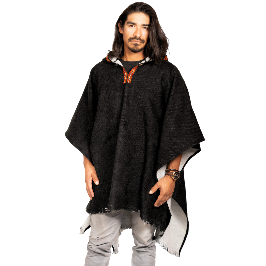 ALPACA Wool Poncho: Solid Black - Thick and Hooded , Unique and Handmade in Ecuador.