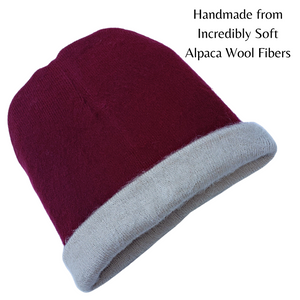 REVERSIBLE Alpaca Wool Brushed Beanie. Burgundy/Cream - davlina